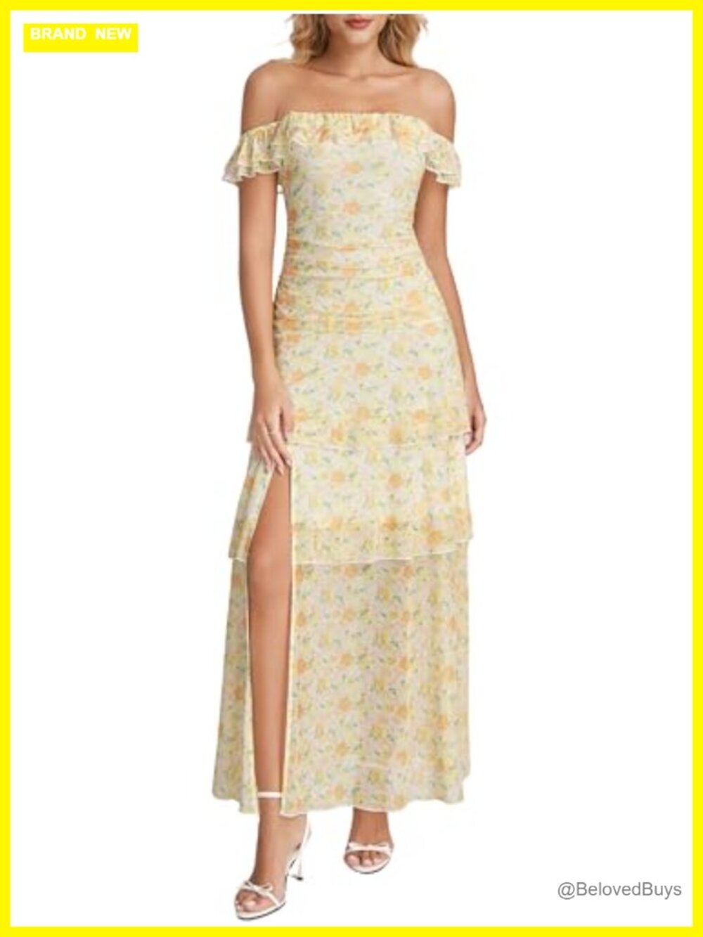 Parthea Off Shoulder Floral Maxi Dress Stretch Mesh Ruffle Trim Ruched Waist